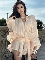 TWOTWINSTYLE Elegant Ruched Mini Dress For Women Round Neck Lantern Long Sleeve High Waist Temperament Dresses Female Fashion - Image 6