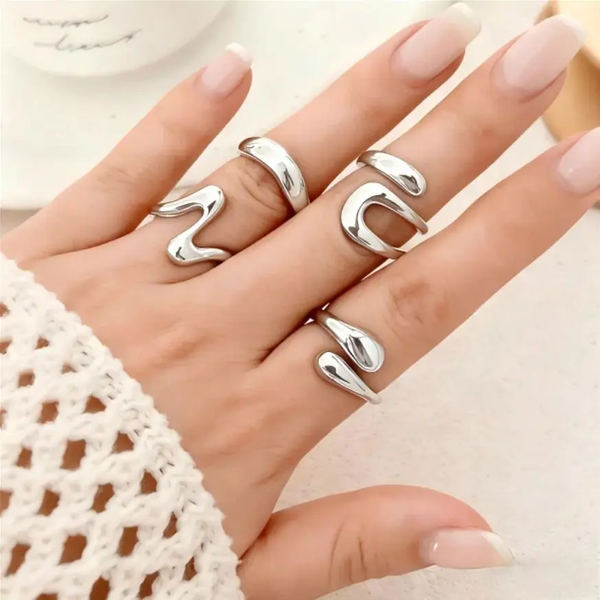 15-teiliges Set Trendige Silberfarbene Chunky Ringe für Frauen Unregelmäßige Geometrische Hohle Offene Ringe Set Fingergelenk-Schmuck Party-Geschenk – Detail 3