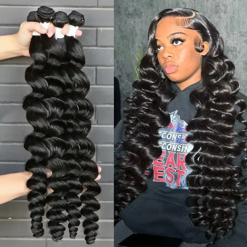 250 Density Deep Wave Human Hair Bundles 42 Inch - 1/3/4 Pcs Pack Natural Color Silky Soft No Tangle Thick Voluminous 100%