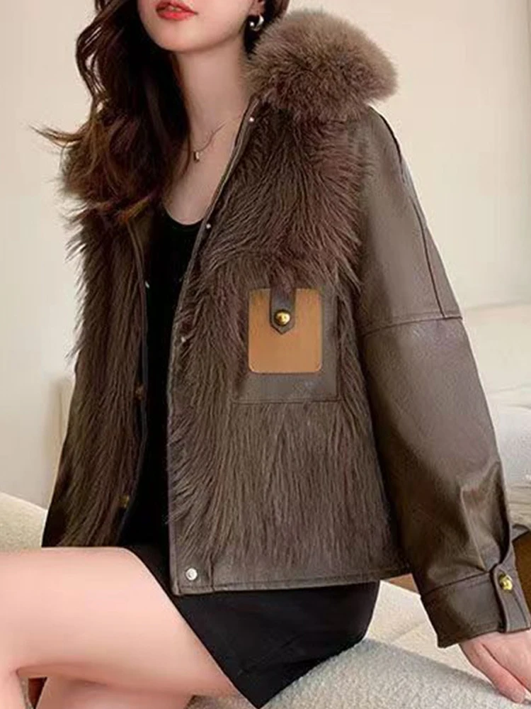 2023 Autumn Winter Faux Fur Coat for Women Elegant Fashion Korean Fashion Faux Leather Jacket Thick Warm Street Outwear