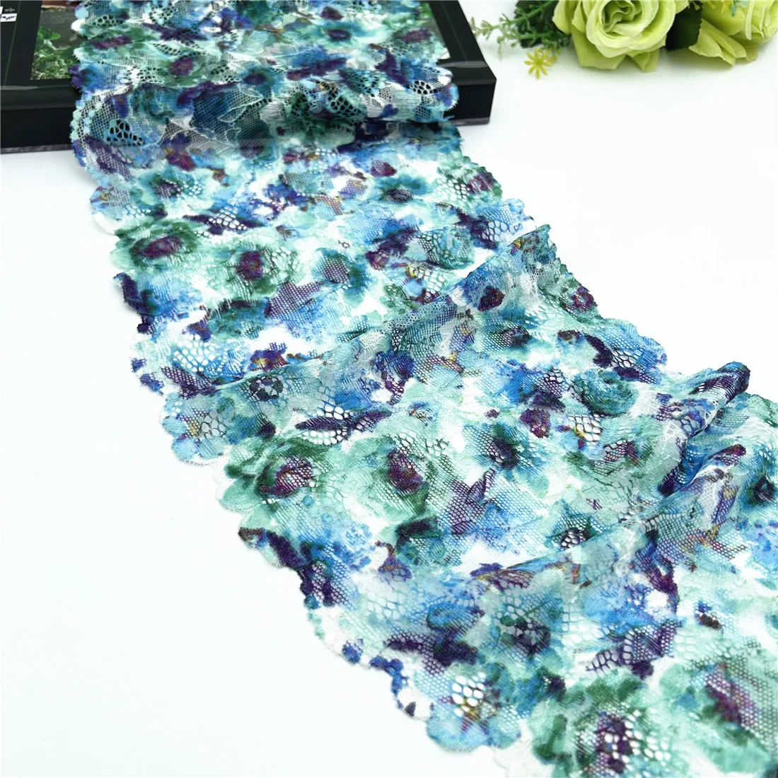 3y/lot Width18cm Blue Green Printed Elastic Stretch Lace Trim 4