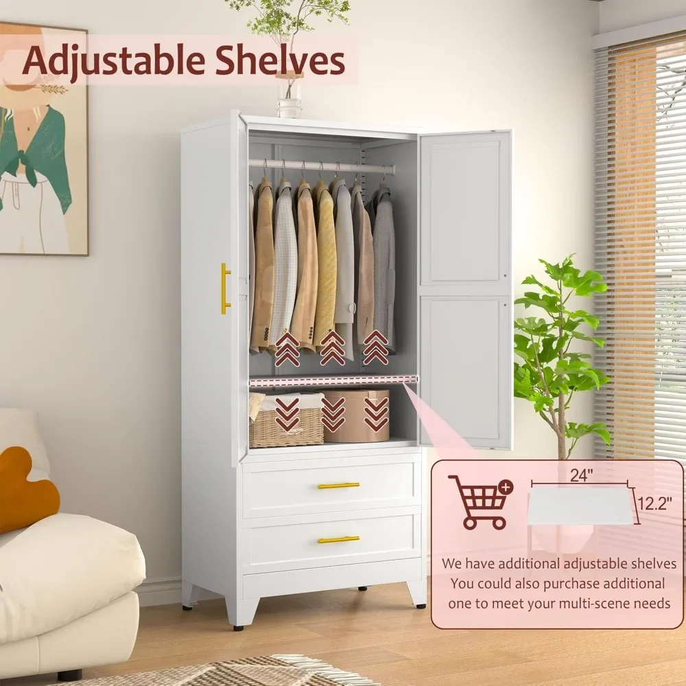 Metal Armoire Wardrobe Closet with 2 Drawers and Hanging Rod, 71'' Tall Wardrobe Cabinet with Doors and Adjustable Shelves 2