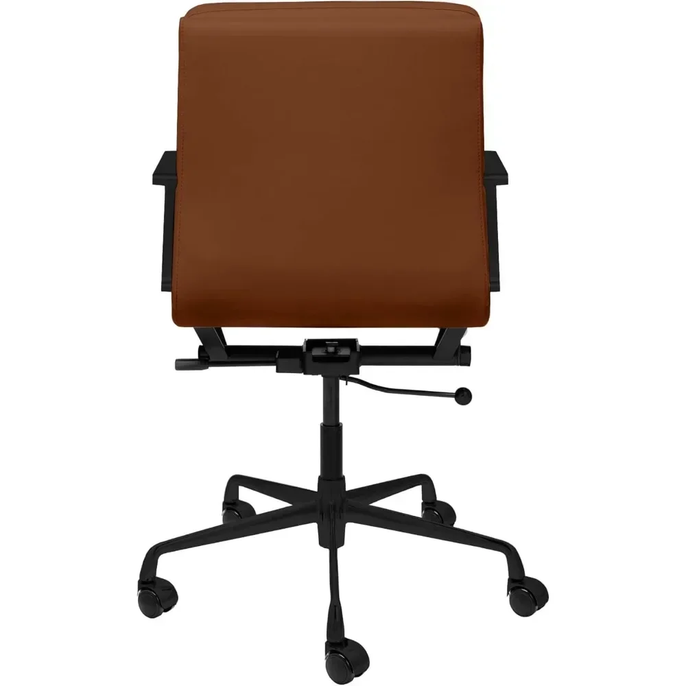 "mid-back ergonomic office chair with padded seat, armrests, swivel, and faux leather upholstery"