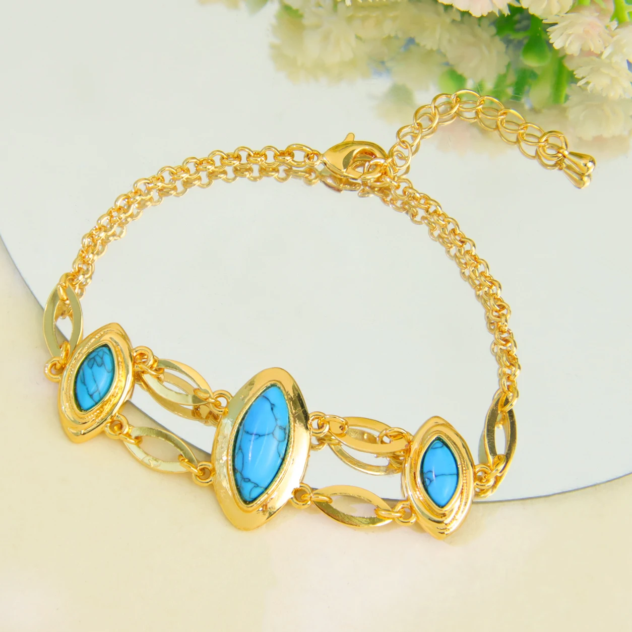 Mode Dubai Gold Farbe Armband 21k Gold Überzogene Türkische Münzen Türkis Anhänger Armreifen Italienische Frau Party Event Schmuck – Detail 6