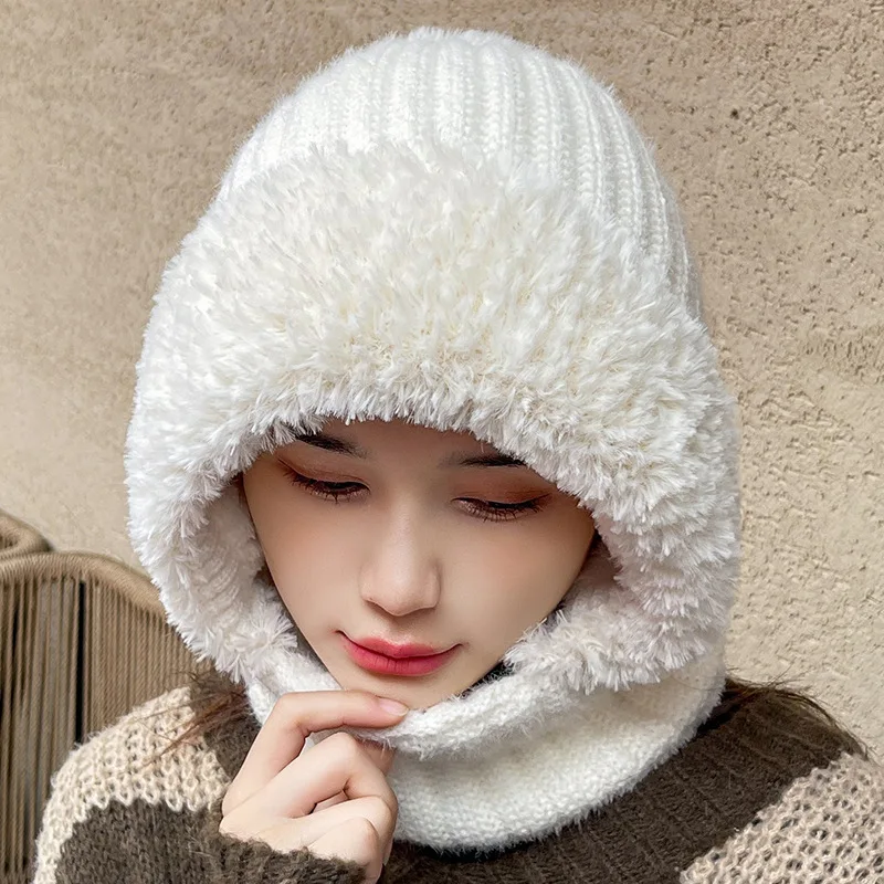 New Warm Scarf Mask Integrated Hat Pompom Windproof Pullover Cap Coldproof Neck Warmer Women