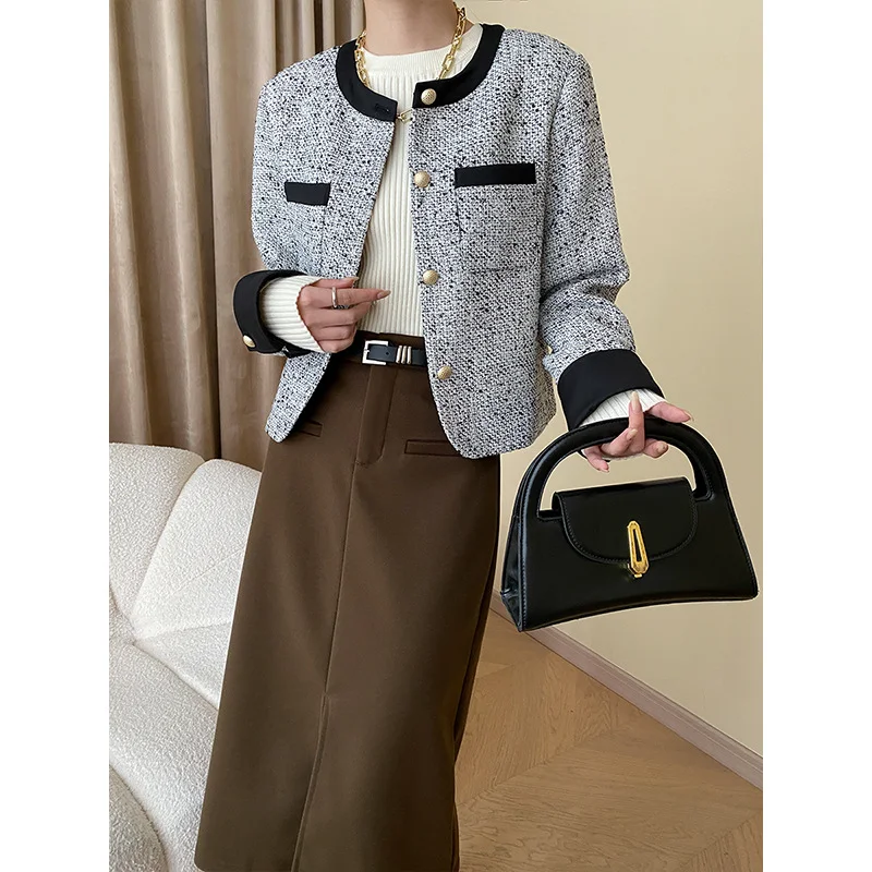 French Casual Loose Contrast Women Coat Tweed O Neck Simple Basic Office Daily Elegant Khaki Fashion Short Jacket Autumn Winter