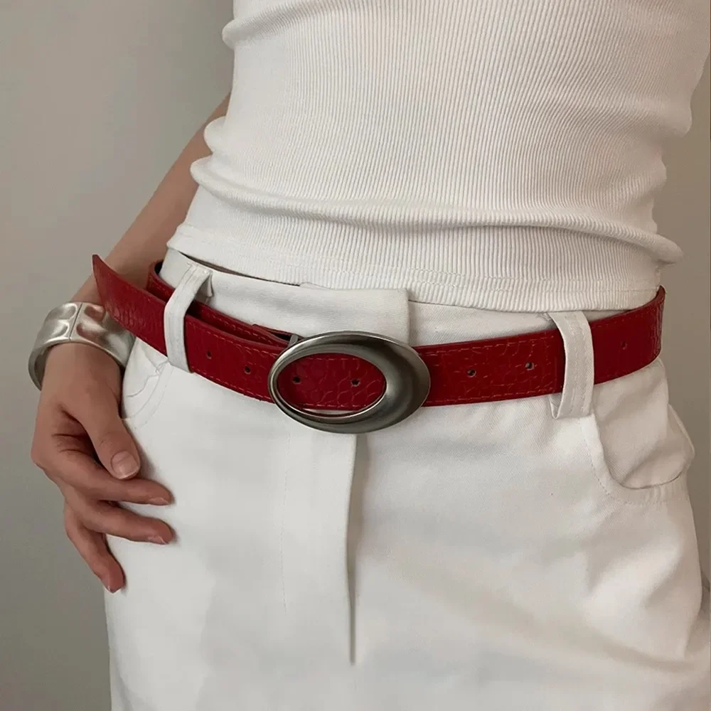 Vintage American Belt Crocodile Lines for Women Men Fashion Pu Leather Punk Metal Buckle Jeans Pants Advanced Red Waist Belts