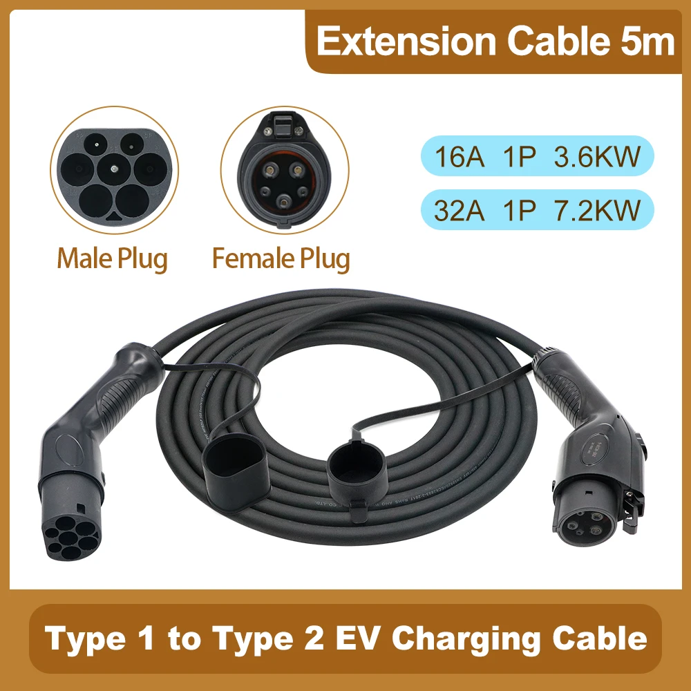 Ev Car Charging Cable Type 1 To Type 2 3.6kw 7.2kw 16a 32a Single Phase
