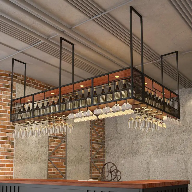Industrial Style Iron Art Wine Rack Bar Hanging Wine Cabinet Hanging Bar Restaurant Upside Down Glass Cabinet