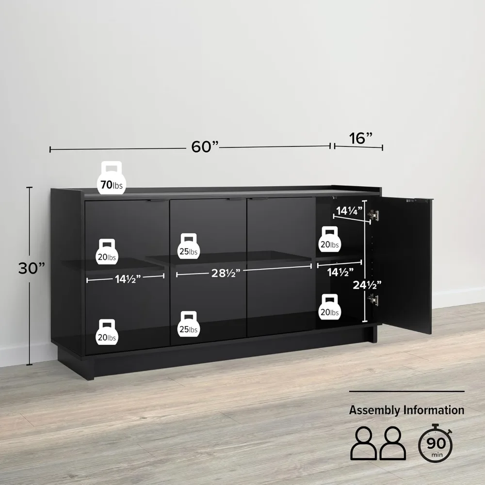 Simply Modern 4 Console Table Doors and Shelves, Sideboard Storage Cabinet, 60" W x 30" H x 16" D, Black