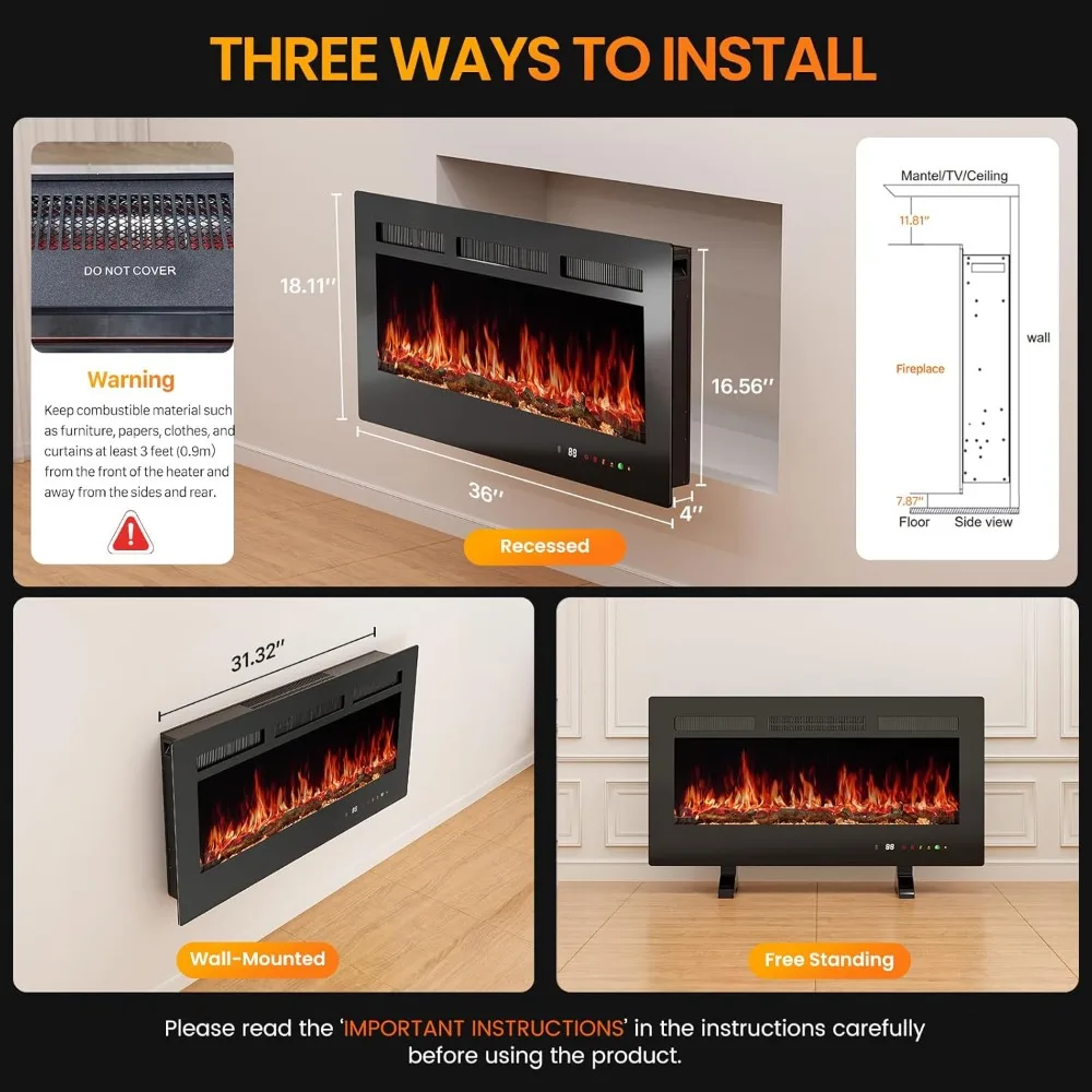 36" Electric Fireplace Insert, Wall Mounted & Recessed Heater, 1500W with Remote Control, Adjustable Flame Effect
