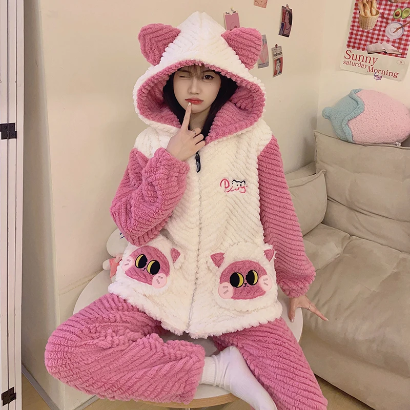 

Women's Pajama Set Winter Flannel Sleepwear Hooded Cartoon Cat Nightgown Coral Velvet pyjama pour femme Warm Pijama Mujer Pocket