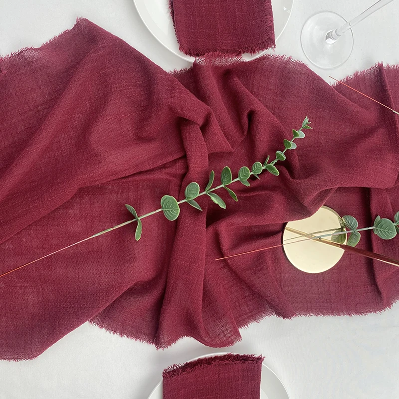 Burgundy Table Runner 100% Cotton Gauze for Wedding Decoration Birthday Parties Christmas Halloween Thanksgiving Events Supplies 5