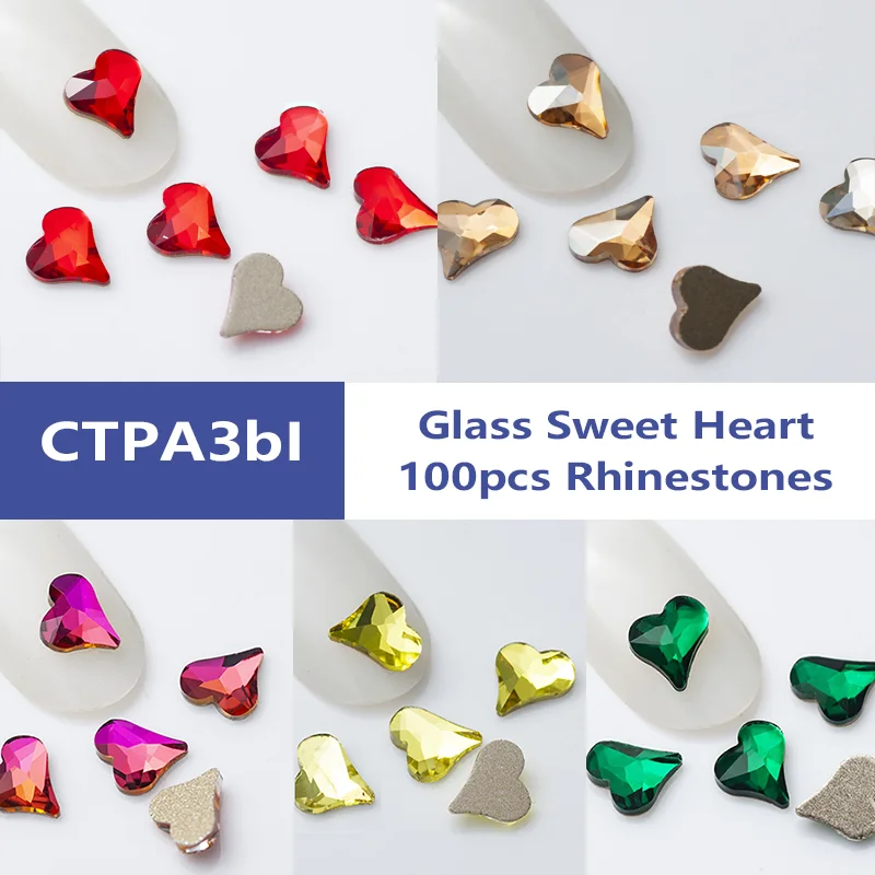 

100pcs Sweet Heart Adhesive Rhinestones Flatback Manicure Jewelry Making Glass Crystals For DIY Crafts Nail Decoration