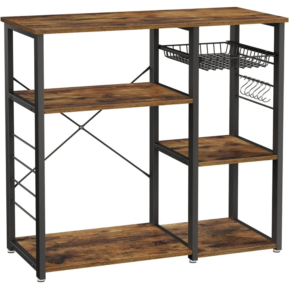 

ALINRU Kitchen Baker’s Rack, Coffee Bar, Microwave Oven Stand, with Steel Frame, Wire Basket, 6 Hooks, 35.4",