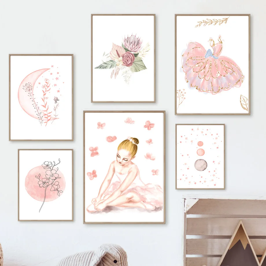 Boho Pink Ballet Girls Flowers Skirt Wall Art Canvas Painting Posters And  Prints Wall Pictures For Baby Bedroom Home Decoration - AliExpress