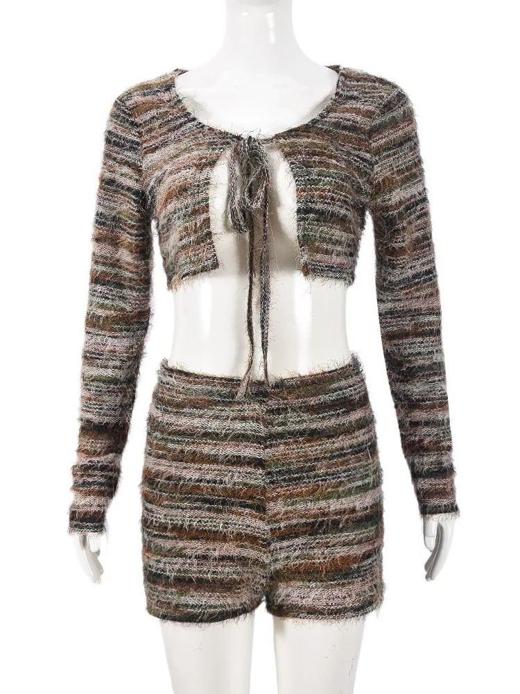 Wmstar Women's Two Piece Outfits Knitted Crop Top with Hollowed Out Straps Fashionable Short and Long Sleeved Matching Suit