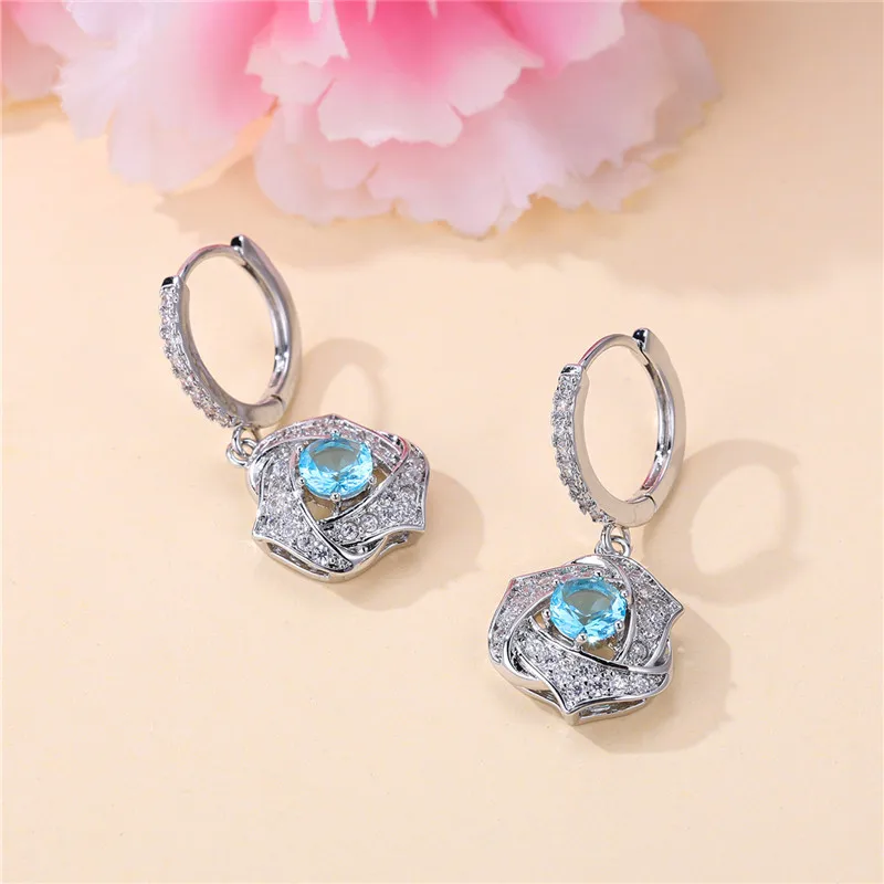 Female Crystal Light Blue Zircon Stone Dangle Earring Cute Tassel Long Wedding Jewelry For Women