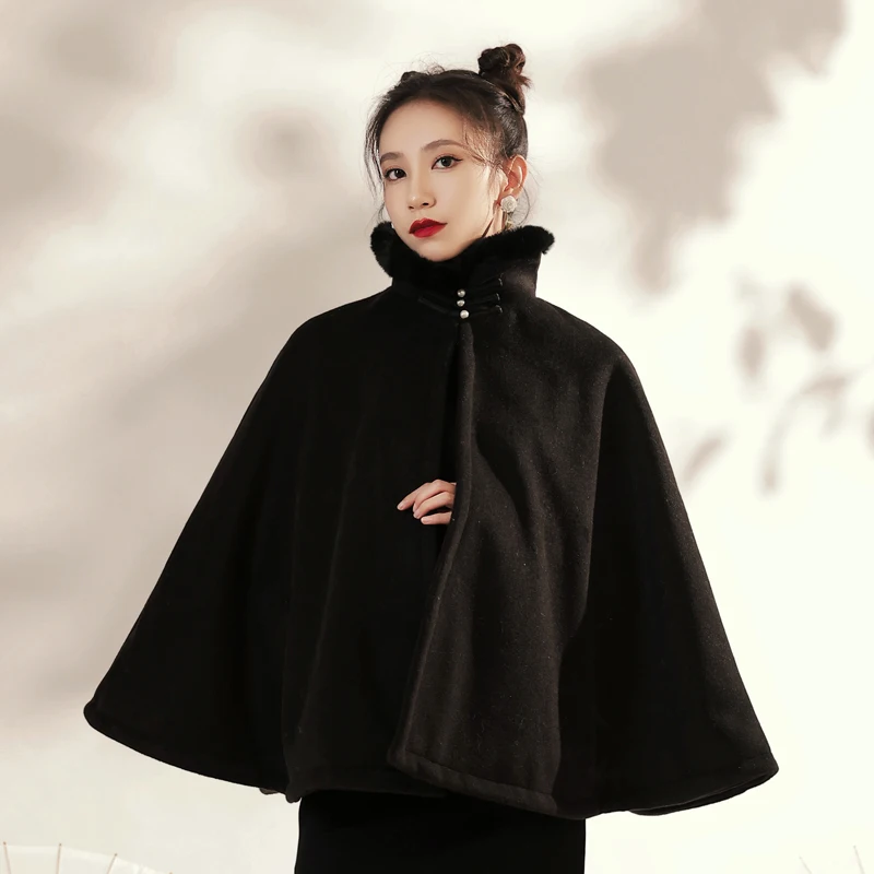 

Chinese Style Winter Black Shawl Thickened Warm Cheongsam Outerwear Cloak