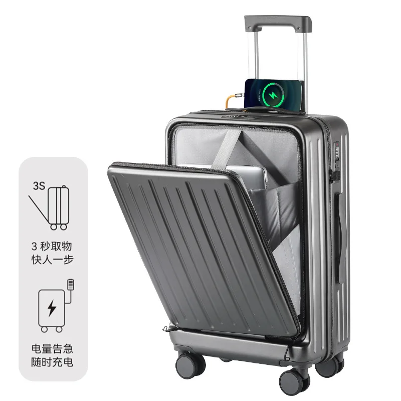 PLUENLI Front Open Cover Tape Double Password Lock Luggage Business Travel Trolley Case Unisex High-End Suitcase Leather Case