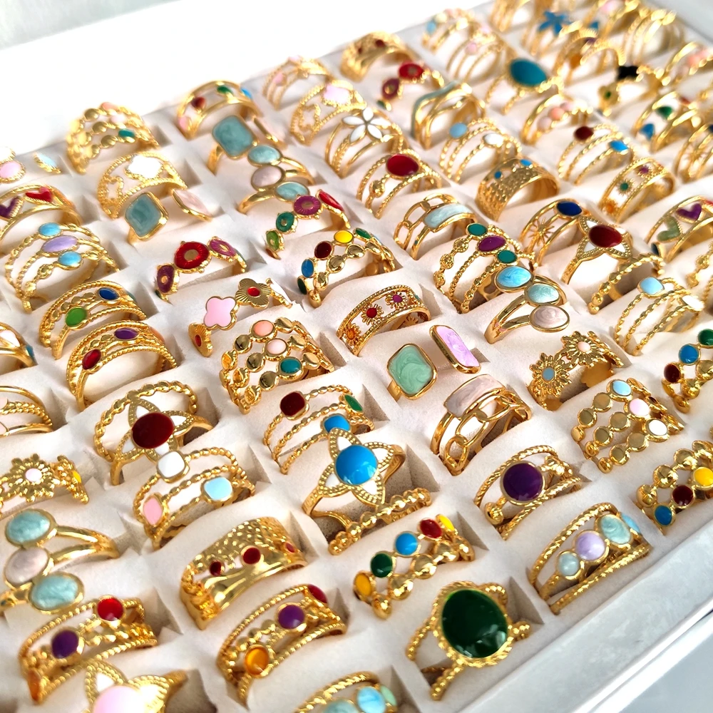 10Pcs 20Pcs Wholesale Women's Fashion Skeleton Rings Colorful Beads Charm Female Ring Stainless Steel Jewelry 5