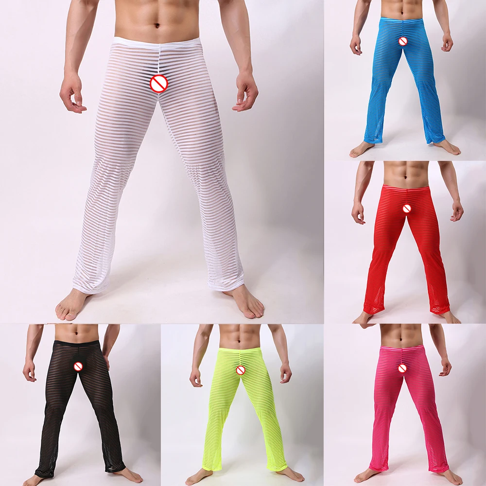 Sexy Men Sleepwear Pants See-Through Breathable Stripe Breathable Soft Pajamas Sleep Bottoms  Trousers Homewear Underpants men's pajama sets