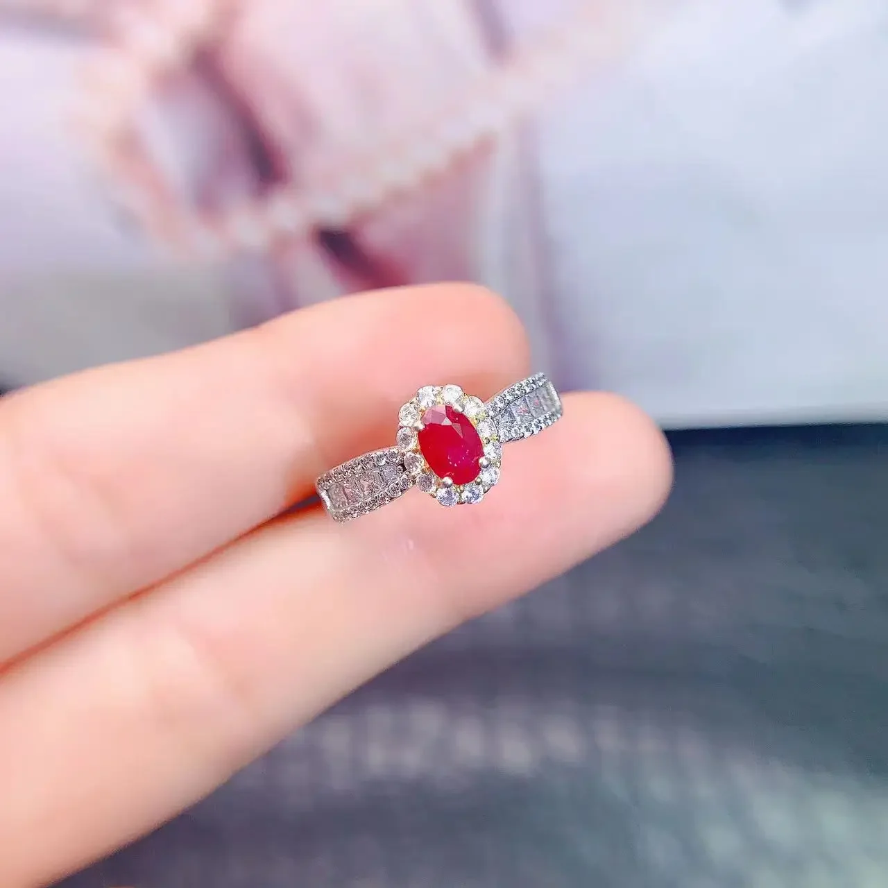 

Nnatural Ruby Jewelry Gift for Woman Natural Myanmar Ruby 4mm*6mm 925 Silver Ring for Office Woman 3 Layers 18K Gold Plating