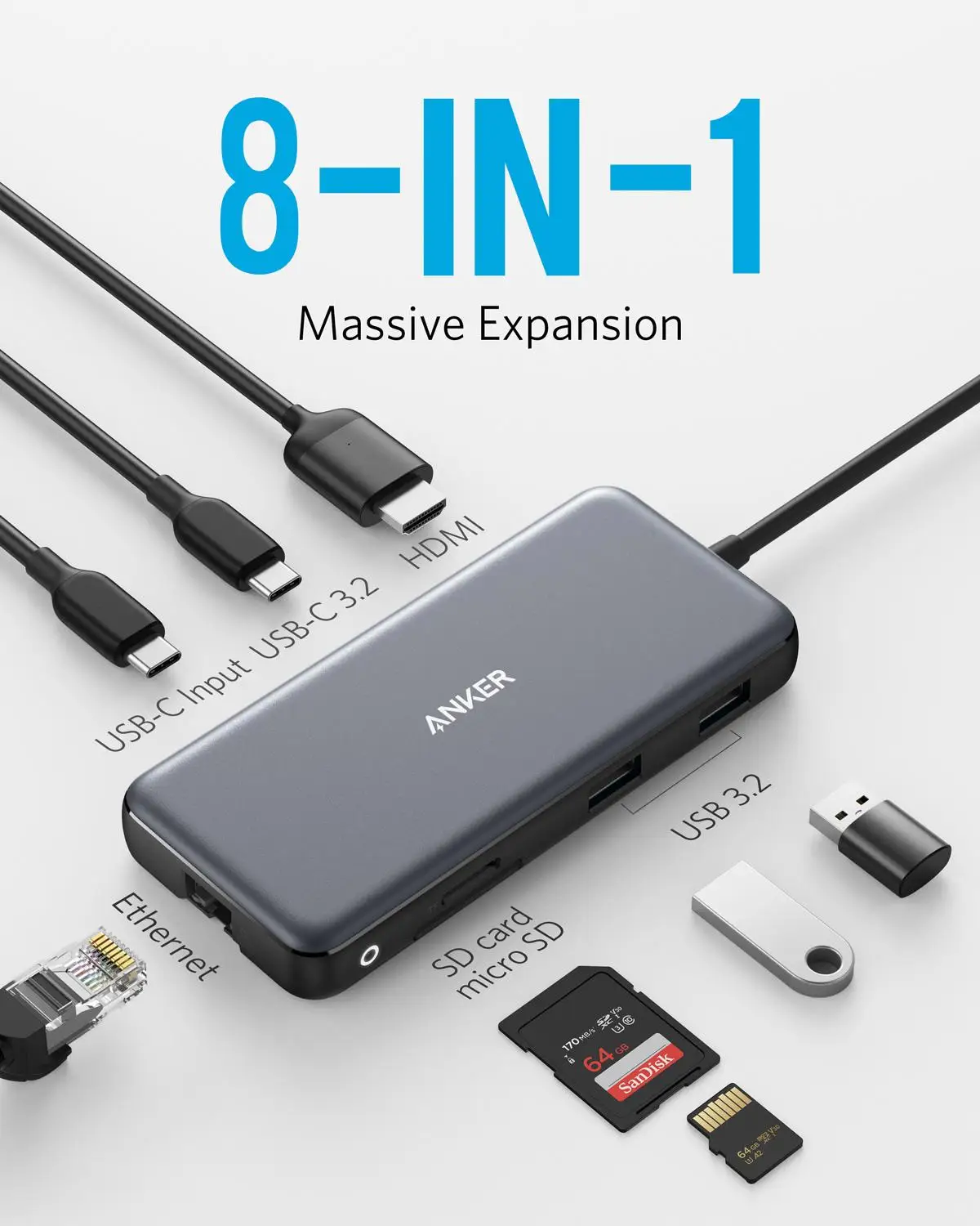 アンカーusb cハブ、powerexpand 8 · イン · 1 usb cアダプタ、100ワット電力供給、4 18k 60  60hzのhdmiポート、10 5gbpsのusb cと2 usb A8383