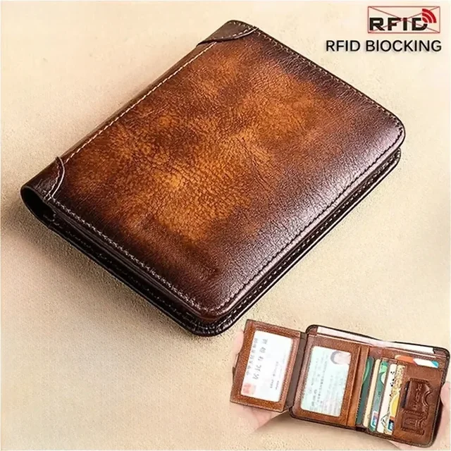 RFID Blocking Genuine Leather Trifold Wallet for Men with ID Card Holder