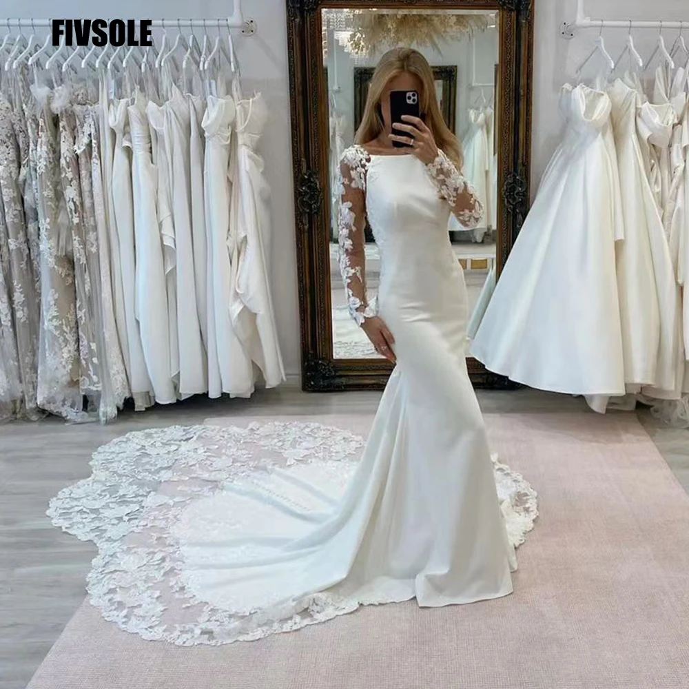 

Fivsole Charming Mermaid Wedding Dress High neck Lace Appliques Sweep Train Bridal Gowns Fashion Amanda Novias Vestido De Novia