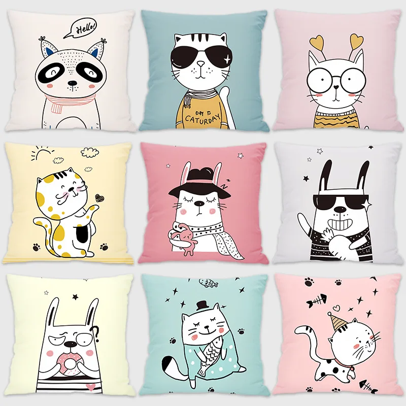 

Cartoon Animals Pillowcase Sofa Cushion Case Bed Home Car Cushion Cover Cute Pillow Case Hand Drawn Painter 45X45cm Decorative