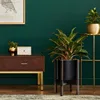 Planter Pot with Stand - 8 Inch Plastic Cylinder Flower Pot with Wood Planter Holder for Indoor, Matte Black Pot + 5