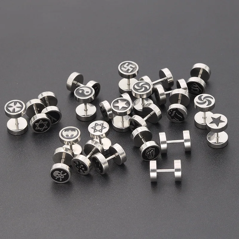 Stainless Steel Barbell Dumbbell Studs Earrings For Men Women Punk Gothic Pattern Earrings Fashion Piercing Jewelry Wholesale 6