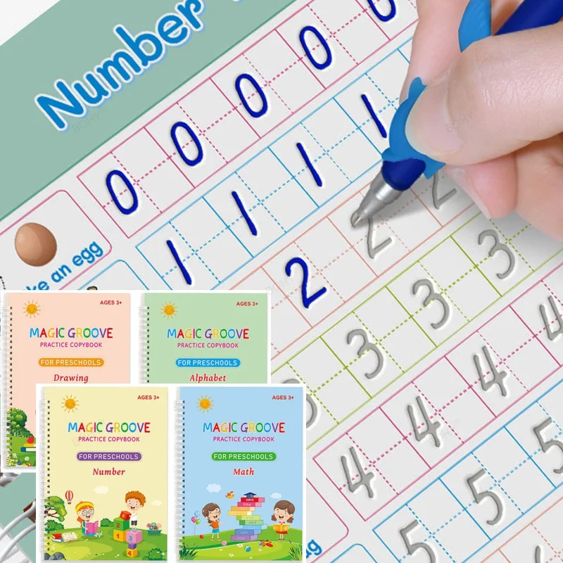 4 Pc Grooved Handwriting Book Practice,Magic Copybook For Kids