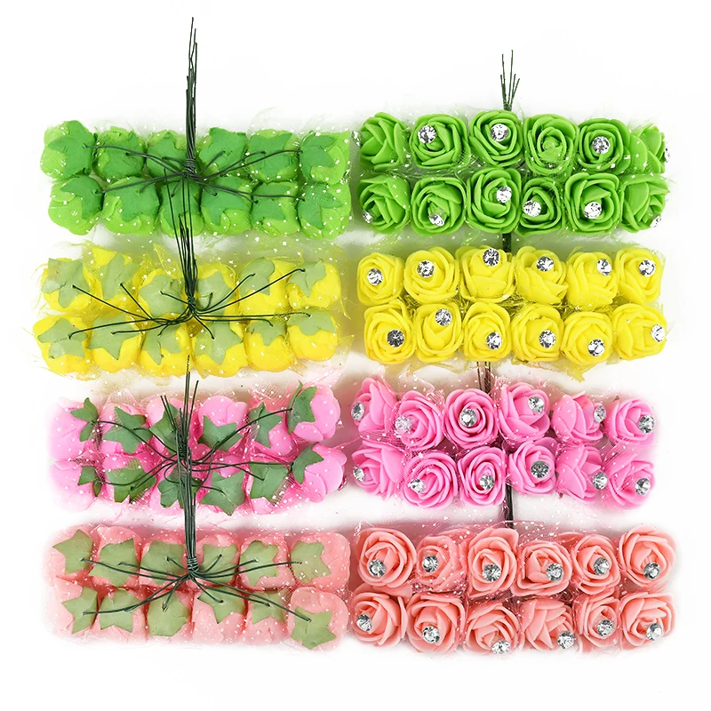 144Pcs 2cm Diamond Artificial Mini Foam Rose Flower Bouquet DIY Wreath Craft Wedding Party Decoration Scrapbooking Fake Flowers