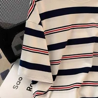 ex Korean Sle Striped ort Sve T-irt Tagl Tailend Batch Clothing Casual Versatile Summer Top for Men And Women