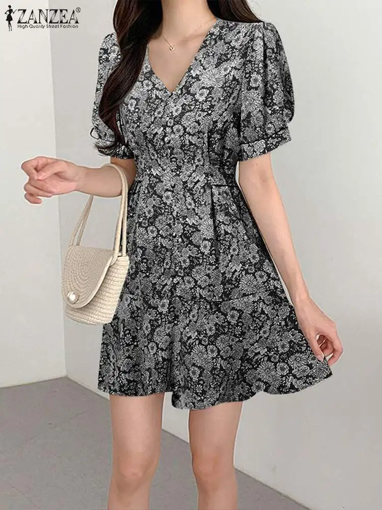 

ZANZEA Women V Neck Puff Sleeve Holiday Dress Bohemian Summer Floral Printed Sundress Casual A-line Party Vestido Robe Femme