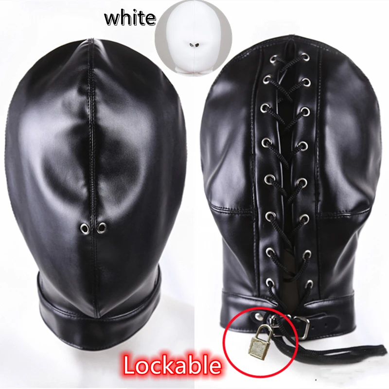 BDSM Leather Masked Head Hood Lock Face Mask Bondage Blindfold Lockable Latex b_voghion.com