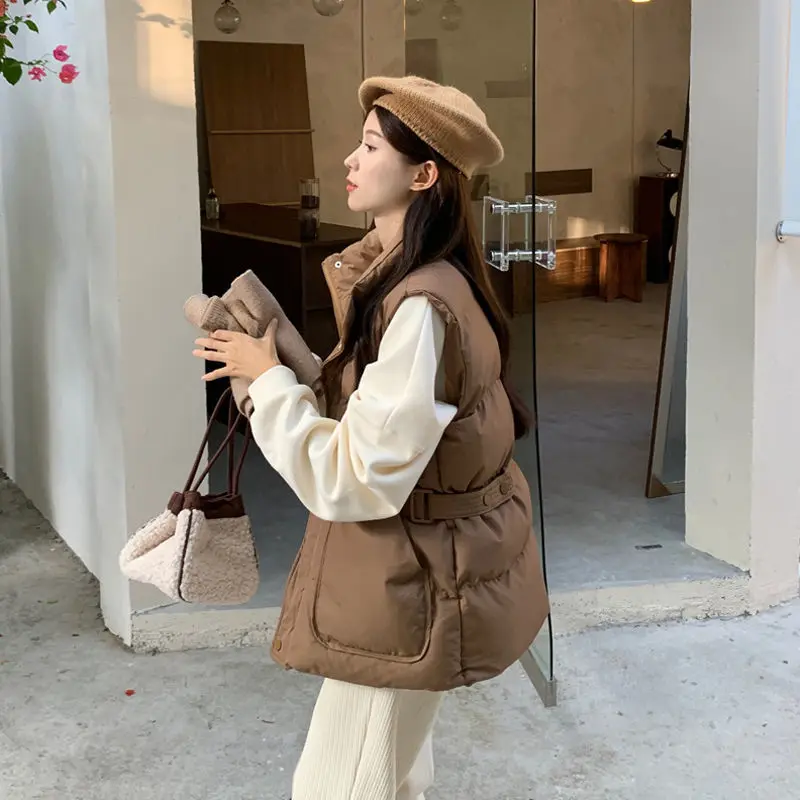 

Winter Cotton Vest Women Warm Coat Turn-down Collar Zipper Sleeveless Jacket Overcoat Loose Drawstring Waistcoat Q408