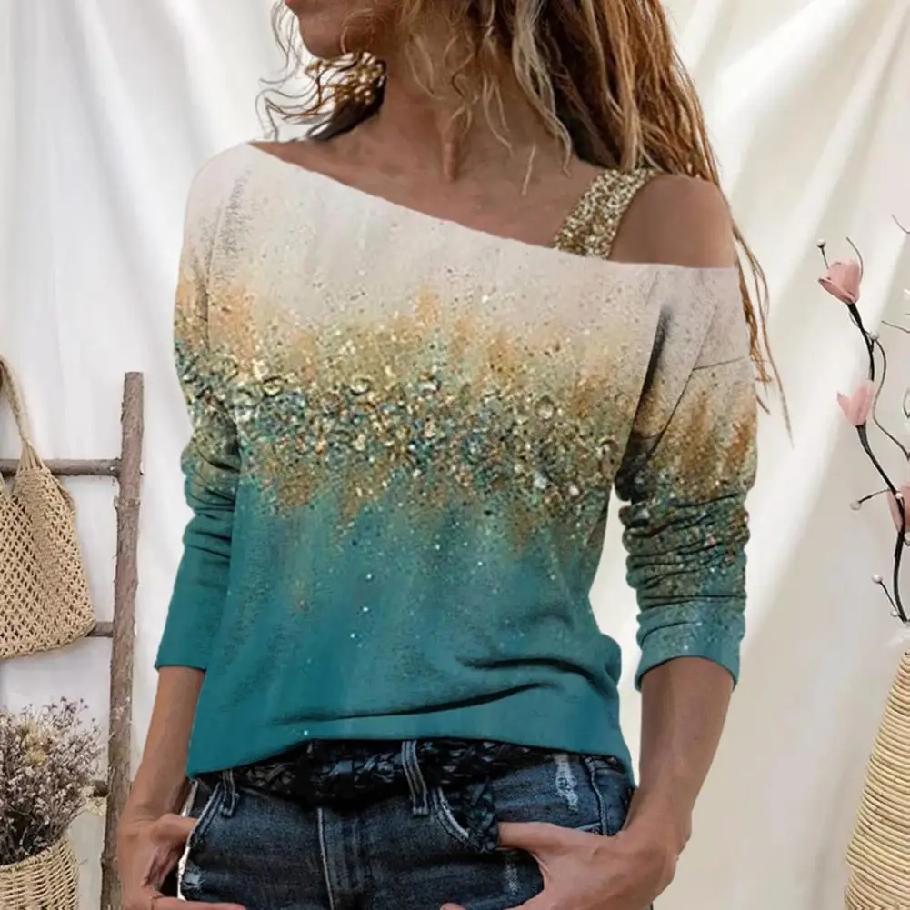 

Блузка женская с открытыми плечами, стильный Свободный пуловер с принтом и длинным рукавом, модная уличная одежда, Топ
