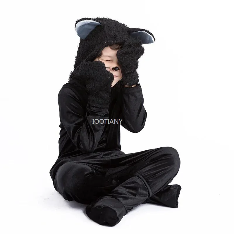 

Halloween Masquerade Animal Black Cat Performance Costumes Child Black Cat Animal Jumpsuit Cat Cosplay Children's Stage Costumes