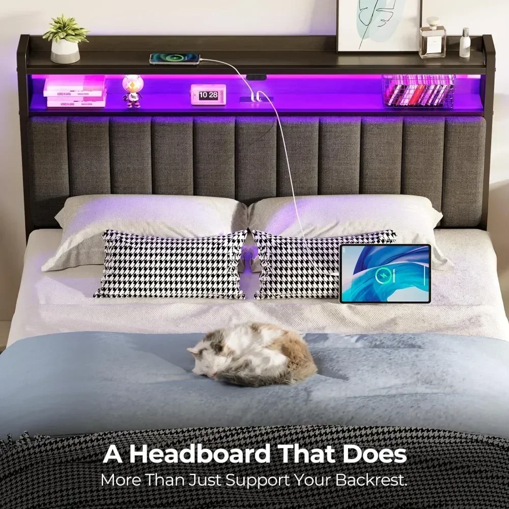 Full bed/twin/king bed headboard with storage space, 60000 DIY LED lights with USB, adjustable height, high quality