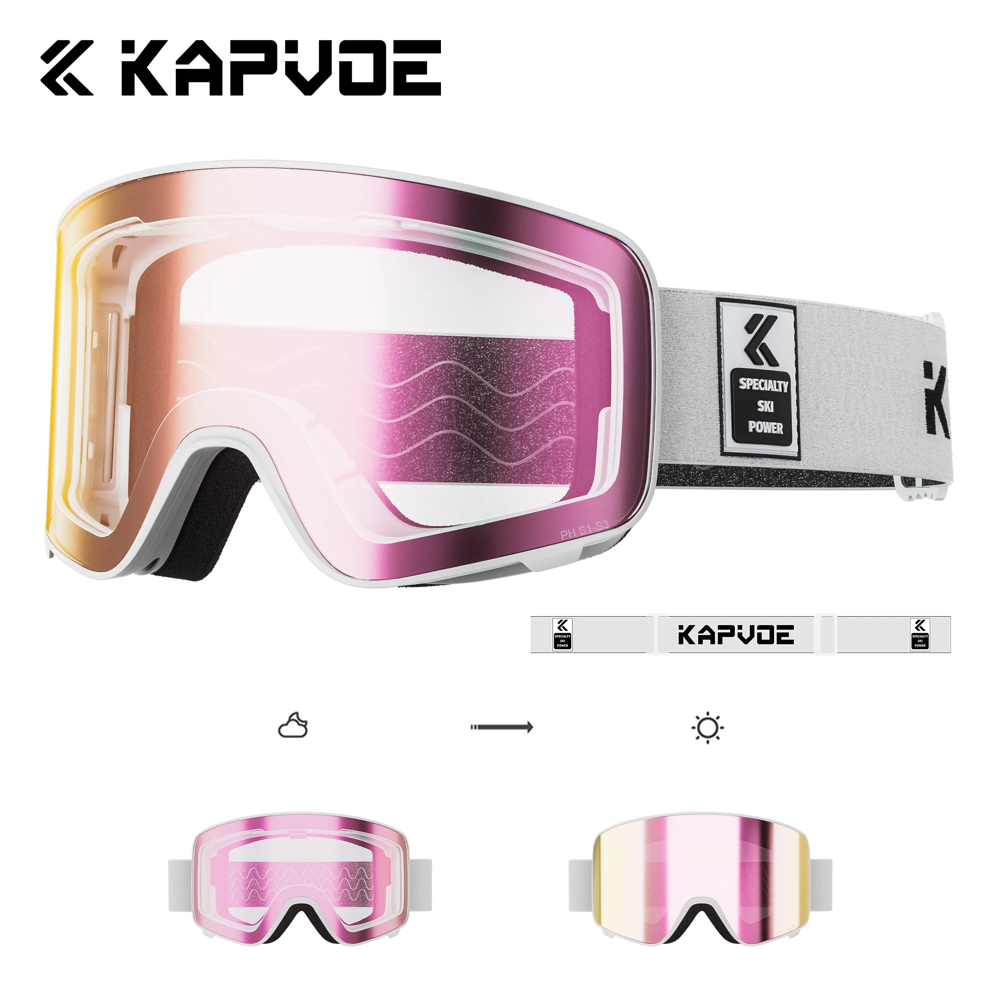 Kapvoe Photochromic Ski Goggles Magnetic Anti-Fog Lenses UV400 Protection Men Women Ski Goggles Snow Sunglasses Sports Eyewear