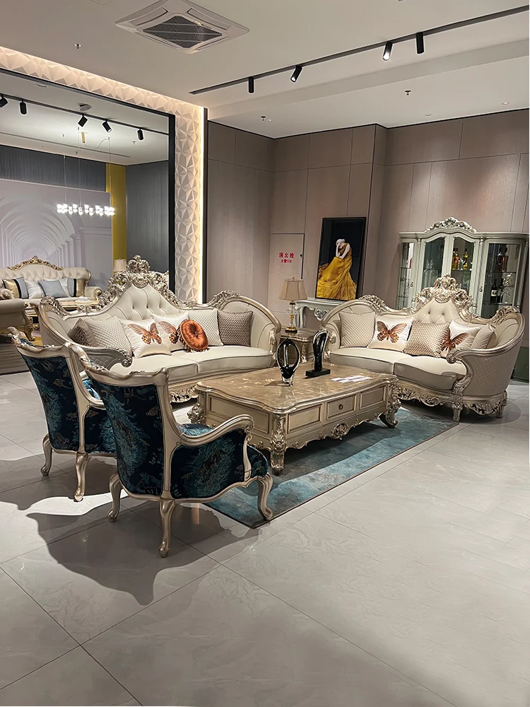 French solid wood leather sofa 123 combination European villa living room large-sized high-end palace gold foil technology