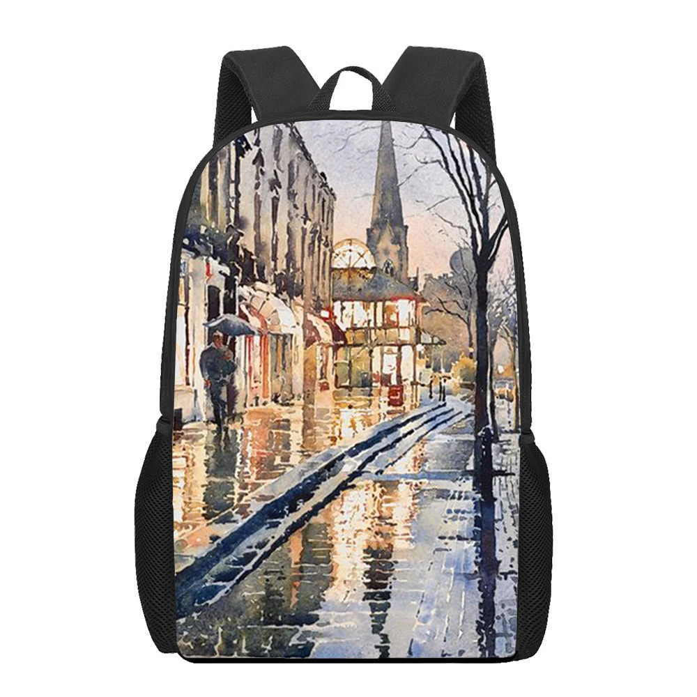 Watercolor Painting Landscape 3D Print School Bag Set for Teenager Girls Primary Kids Backpack Book Bags Large Capacity Backpack