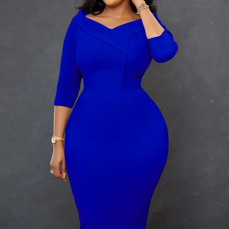 Plus Size Clothes Female Off Shoulder V-Neck Solid Color Three Quarter Sleeve Autumn Zipper High Waist Slim Elegant Midi Dress