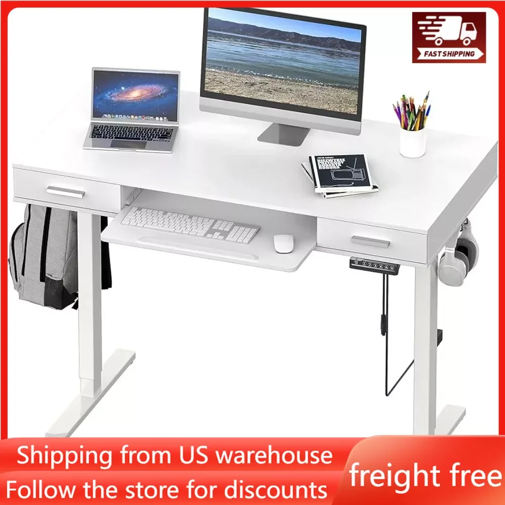 Desk 48Inch Electric Height Adjustable Desk with Keyboard Tray and Two Drawers Computer Desks Office High-grade Industrial Steel adjustable keyboard