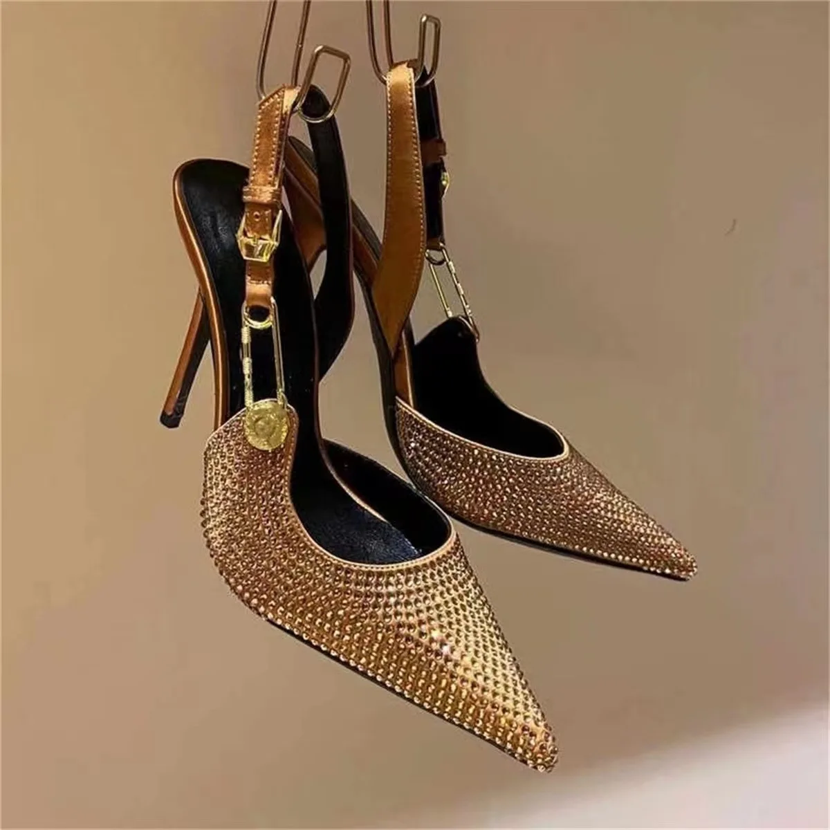 Pointed Baotou Water Diamond Full Diamond Metal Buckle Decoration Fine Heels High Heels Fashion Large Sandals for Women