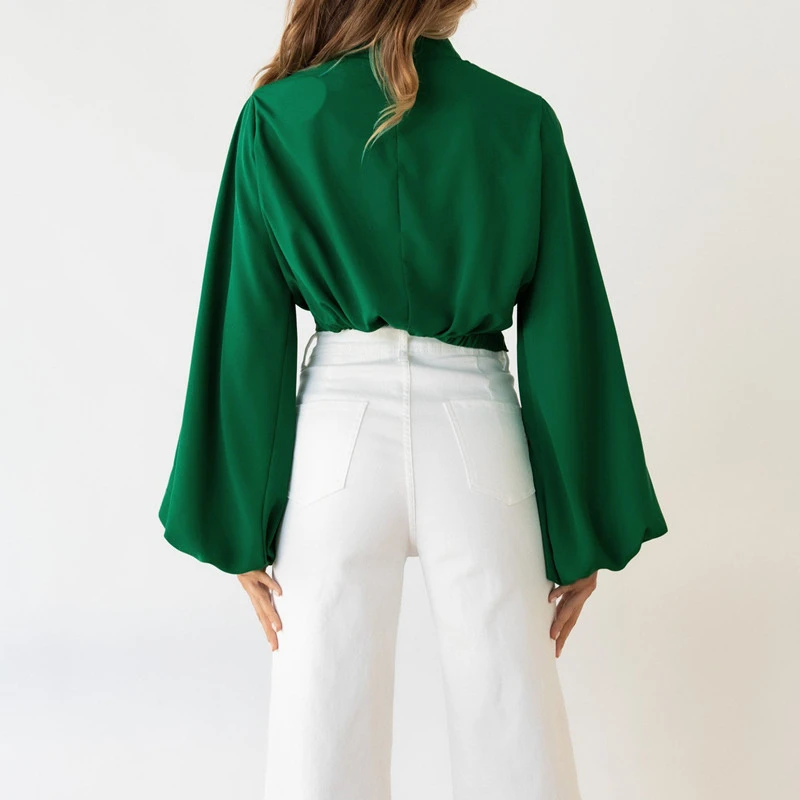 2022 Spring Autumn Women Elegant Sexy Slim Crop Top Fashion Casual Solid Lantern Long Sleeve Twist Shirts Blouse Female Clothing