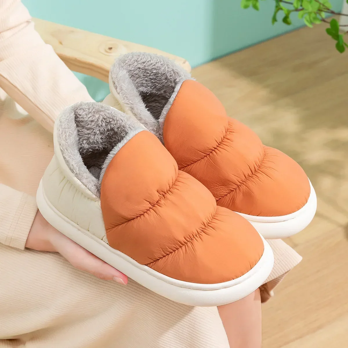 Women Men Slippers Winter Down Cloth Waterproof Indoor Outdoor Warm Plush Shoes Non-slip Thick Sole Soft Comfort Couples Flats 3